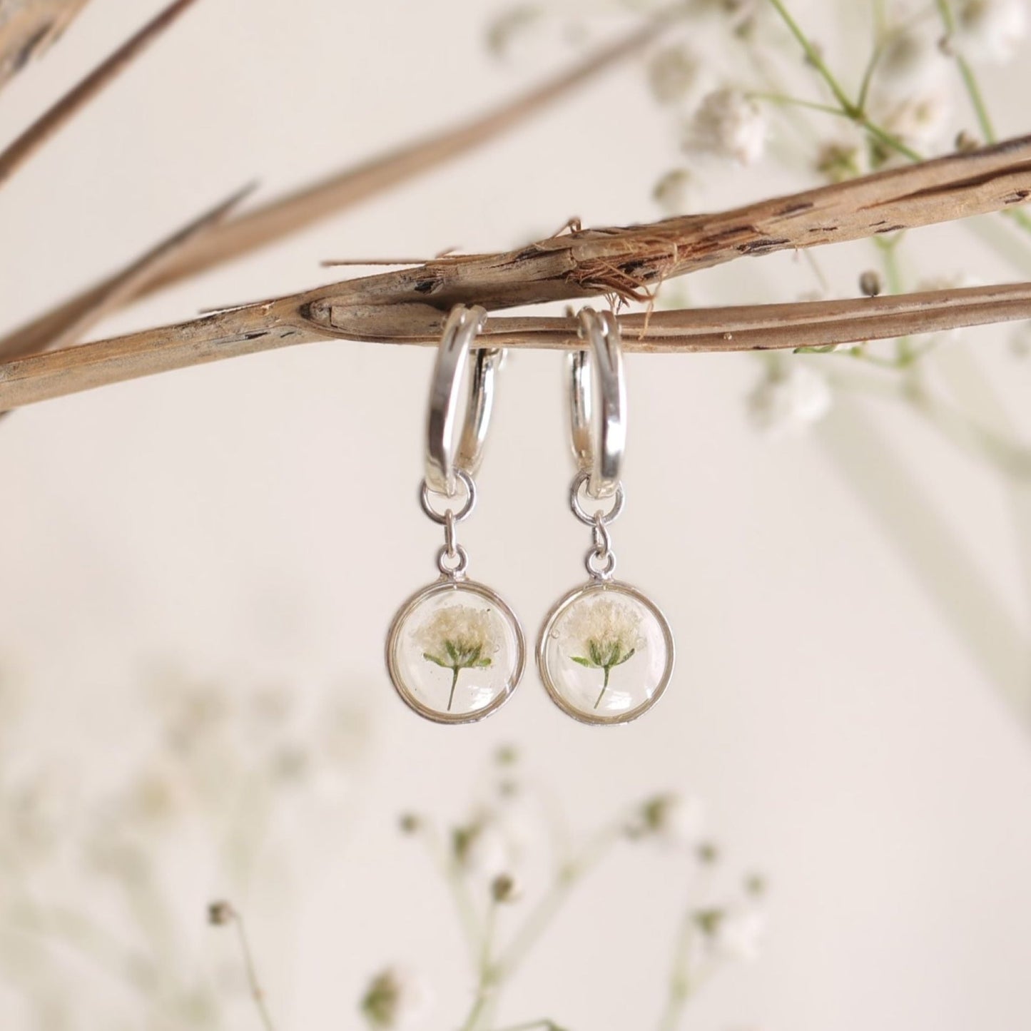 Sun Earrings with Gypsophila flowers