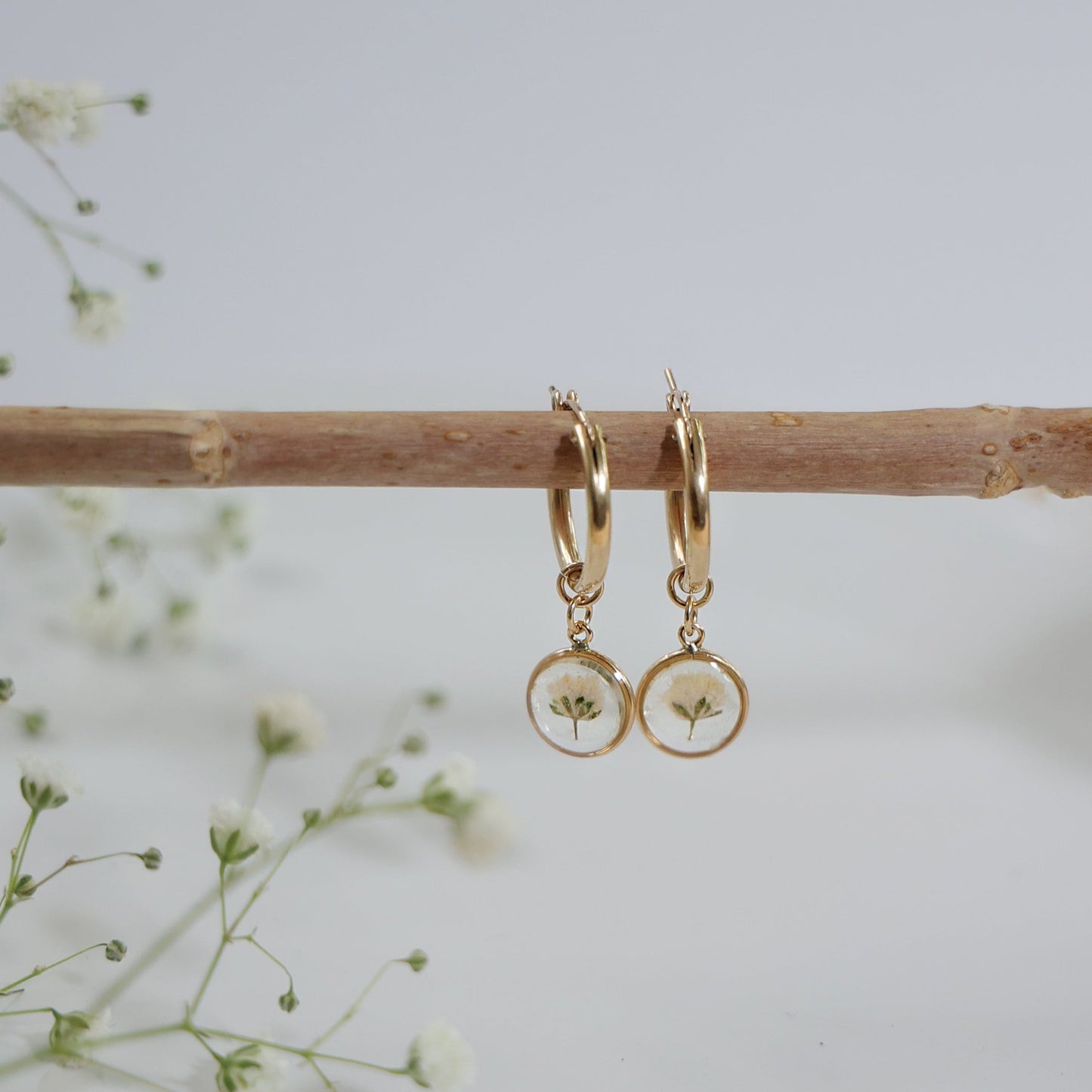 Sun Earrings with Gypsophila flowers