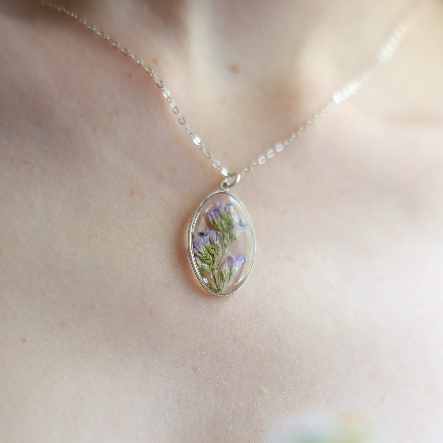 Large Oval Necklace with limonium flowers