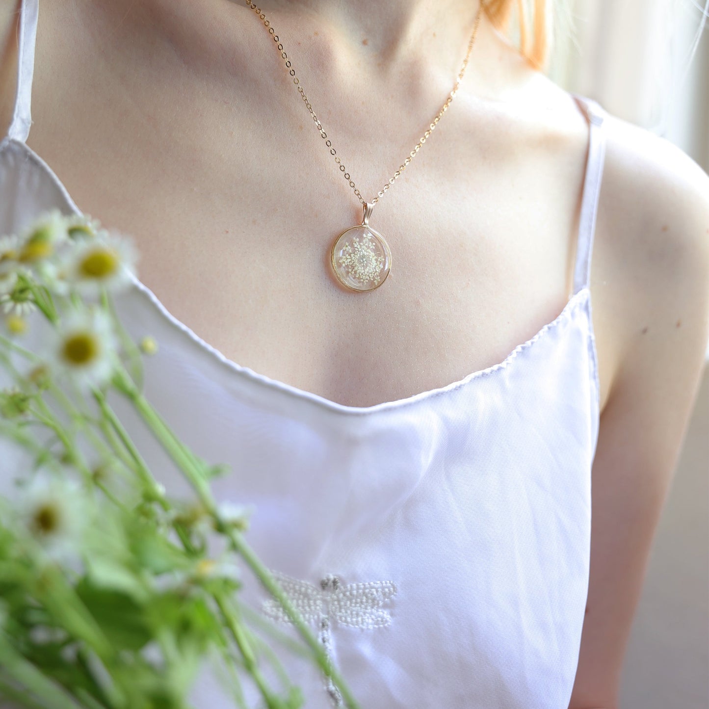 Round Necklace with Queen Anne's lace flowers