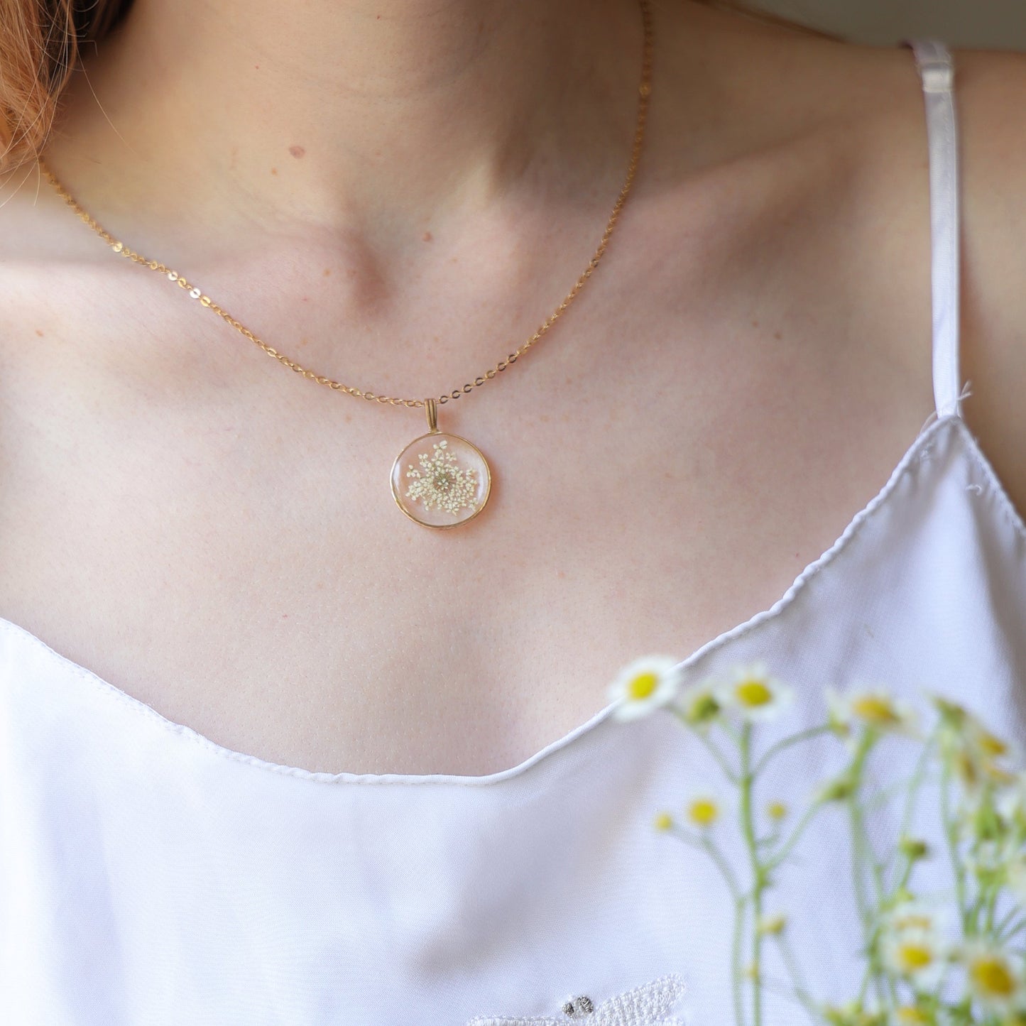 Round Necklace with Queen Anne's lace flowers