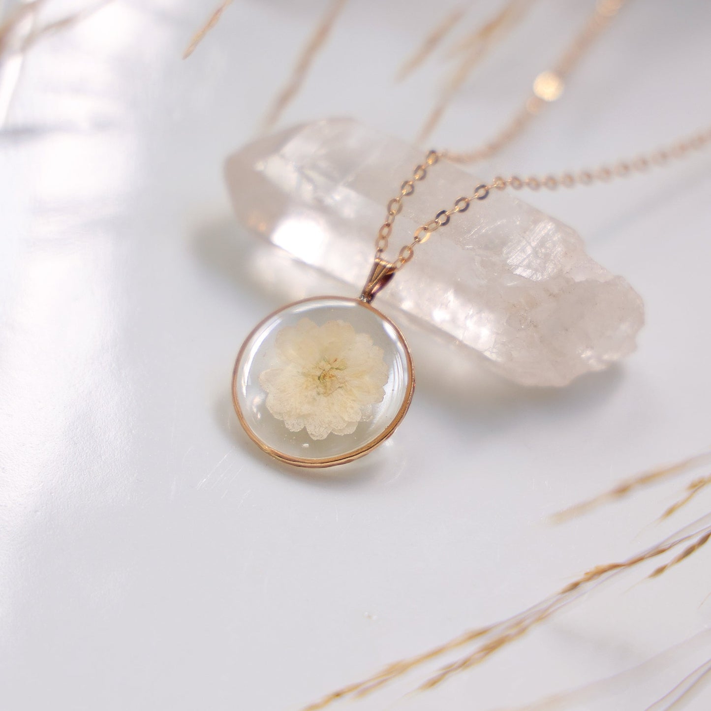 Round Necklace with Spiraea Flower