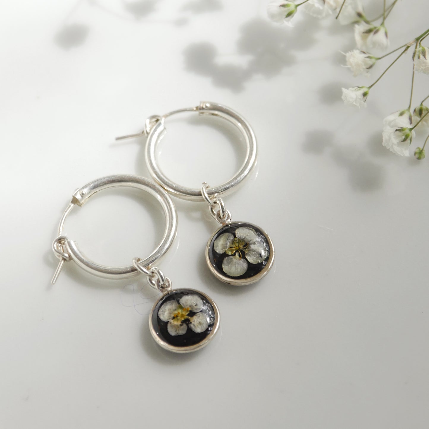Sun Earrings with Sweet Alyssum flowers