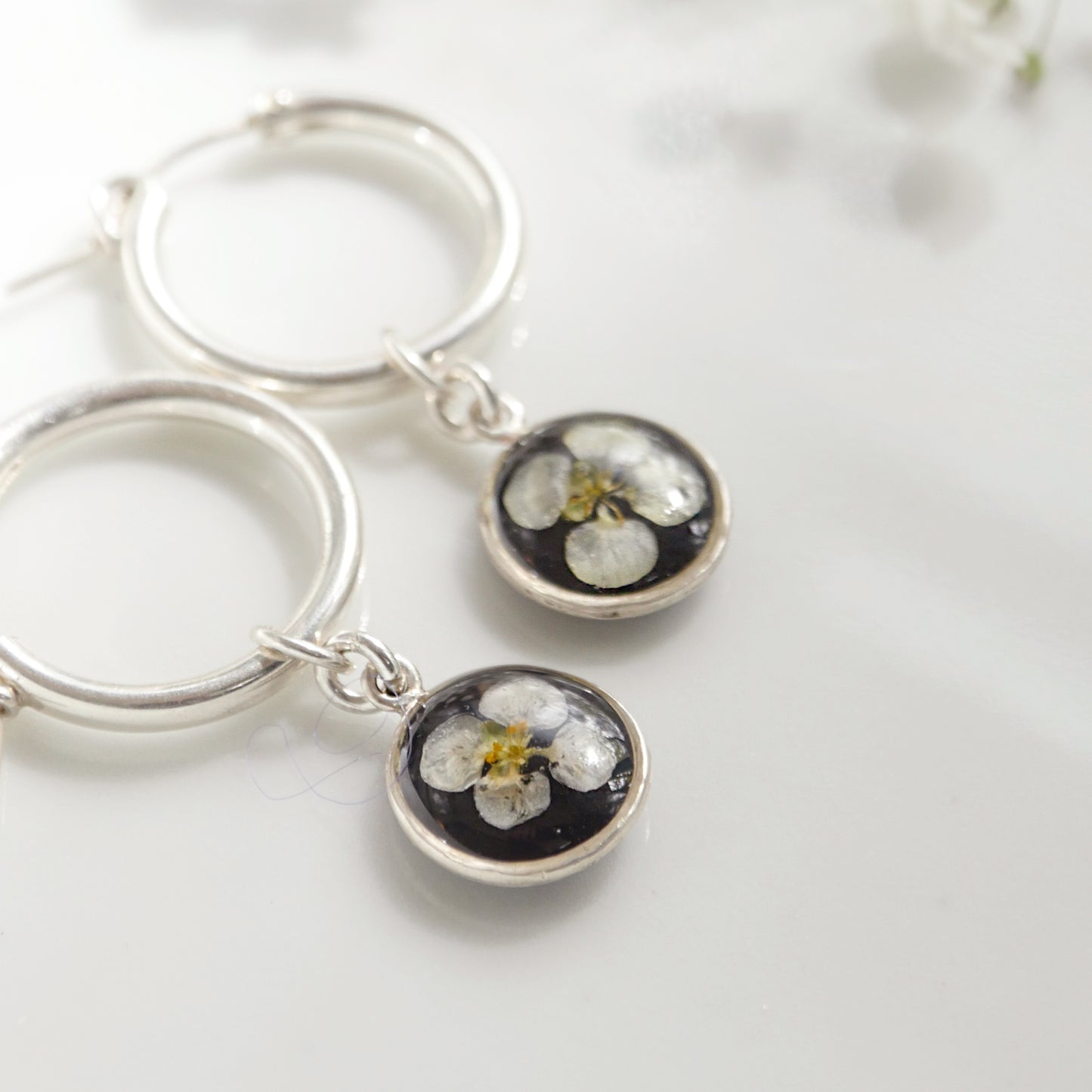 Sun Earrings with Sweet Alyssum flowers