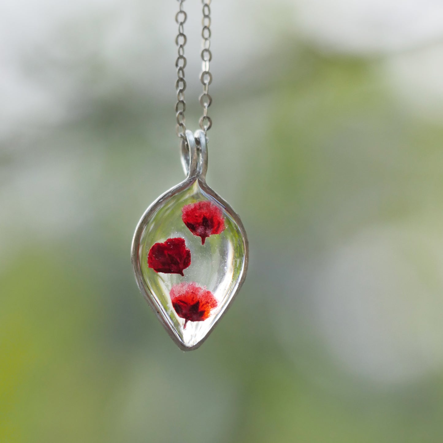 Teardrop necklace with red Gypsophila flowers